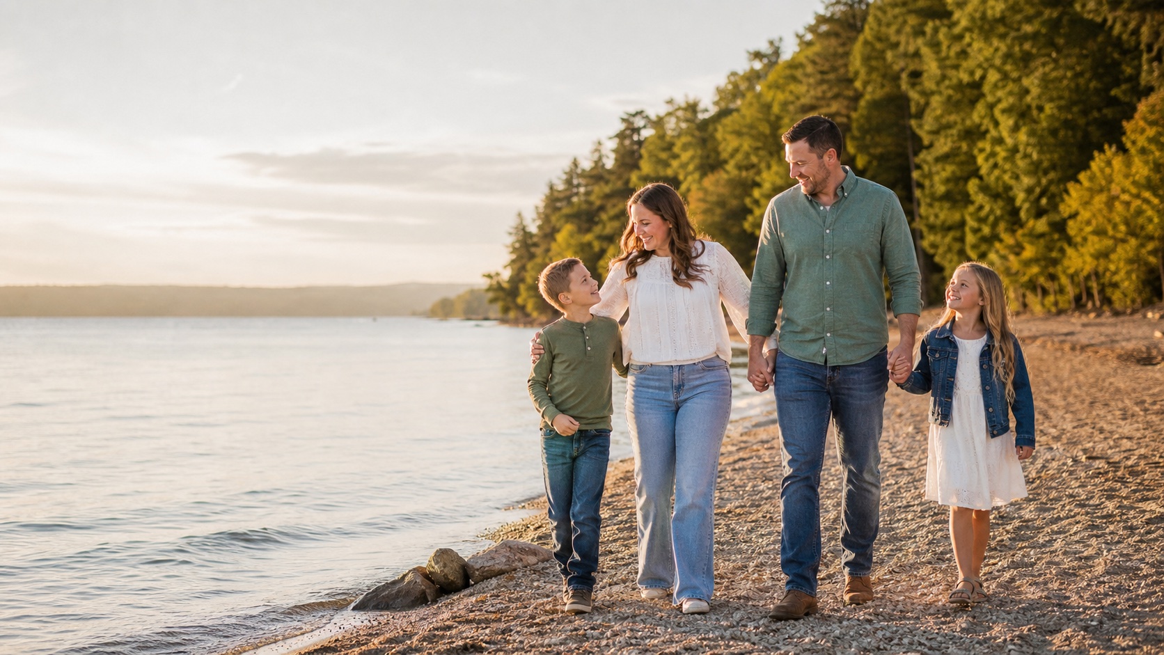 A family walking together beside a lake at golden hour